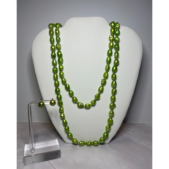 Green Natural Freshwater Pearls Necklace & Earring Set, (0112) - Picture 7 of 7